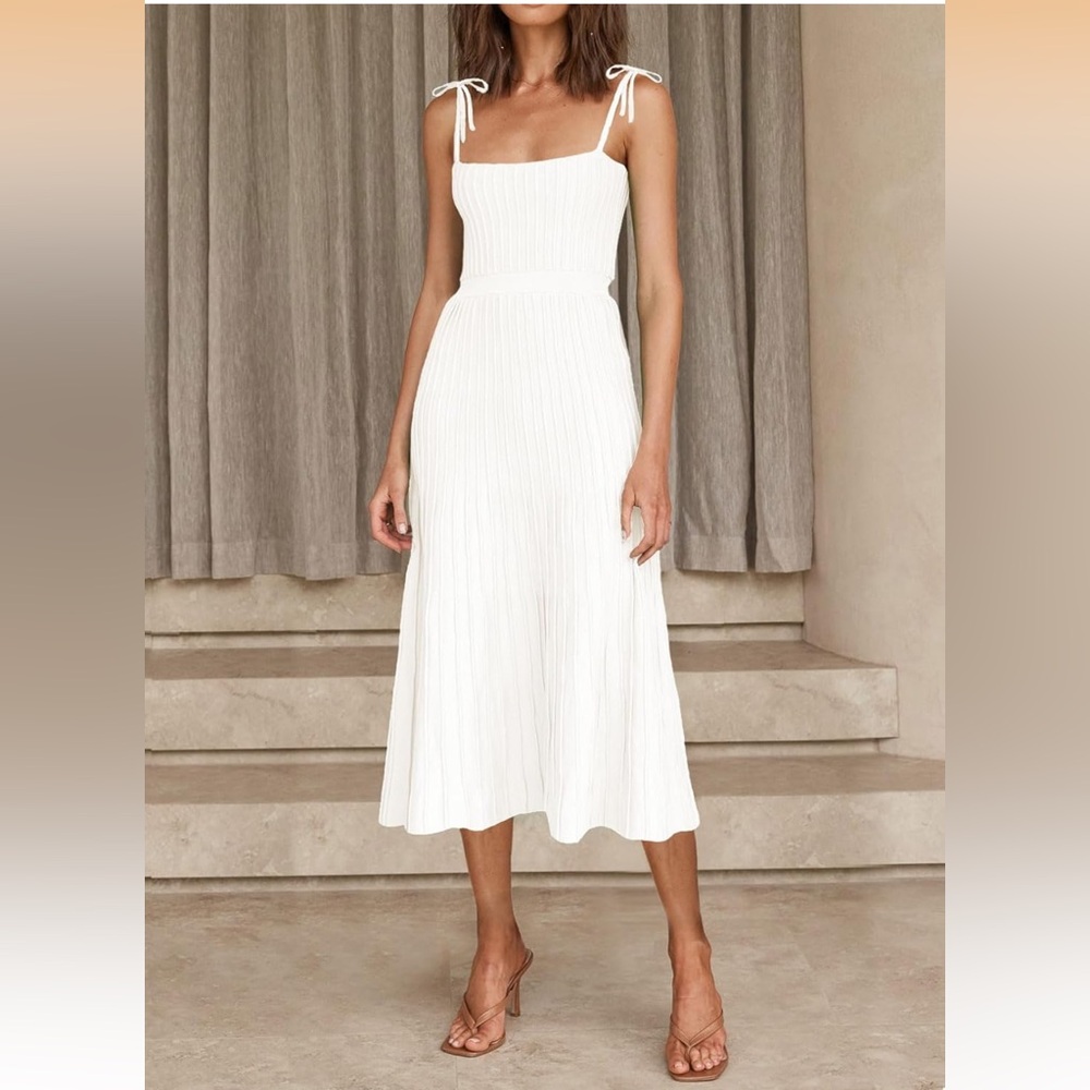 White Ribbed Square-Neck Midi Dress